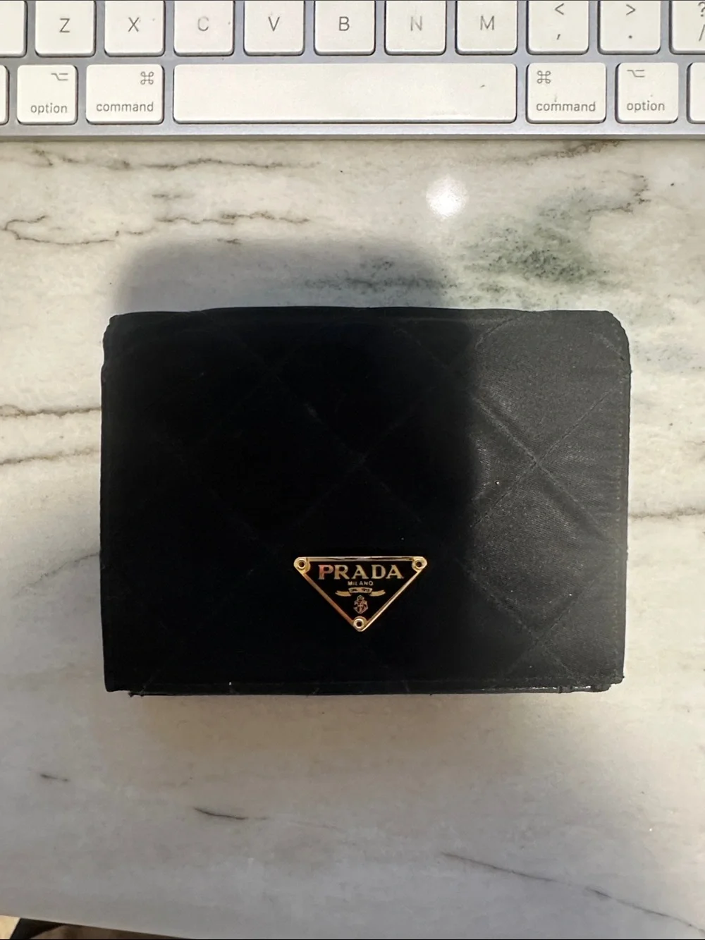Prada Black Quilted Card Holder with Gold Triangle Logo